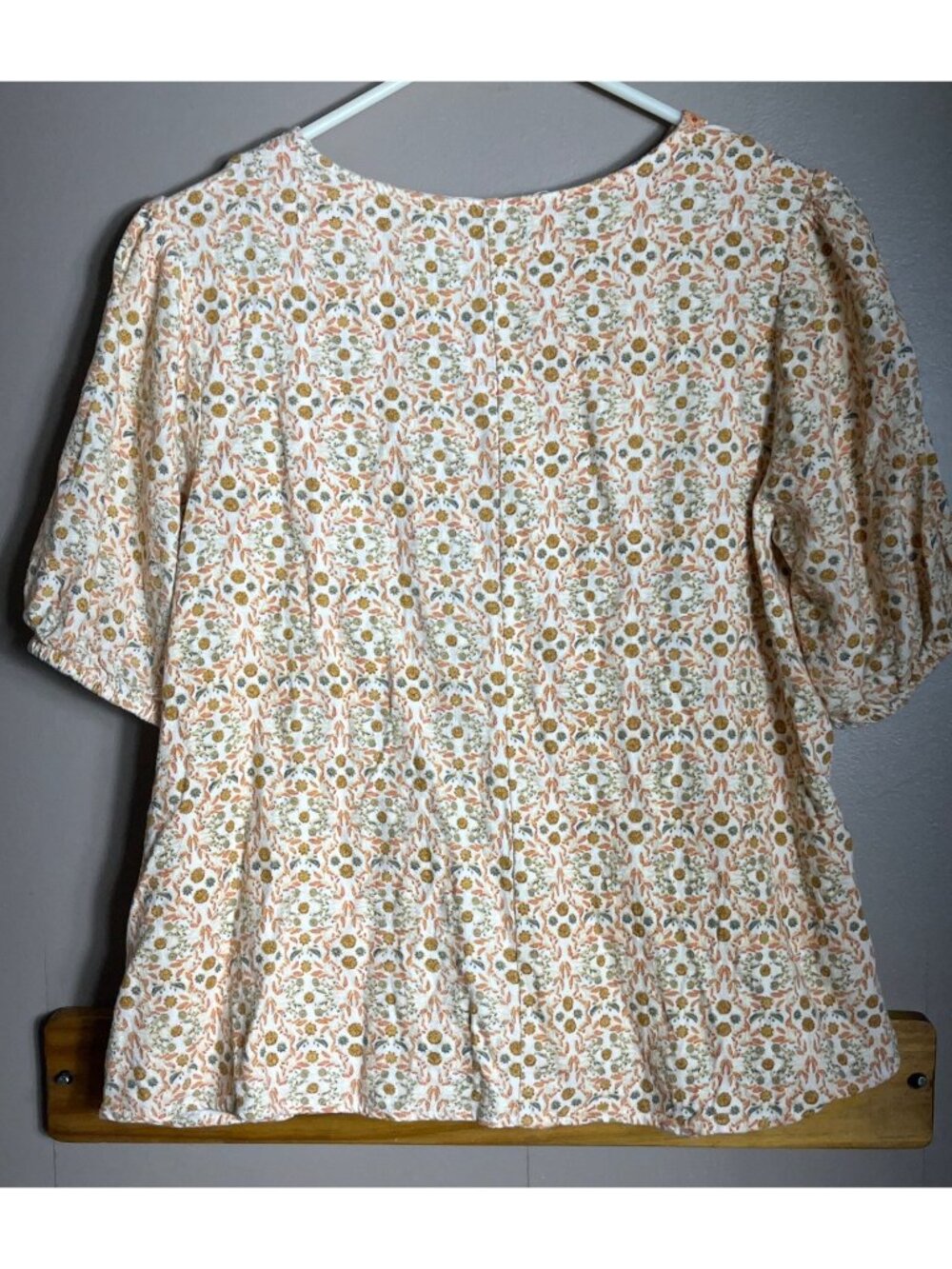 Wonderly Ditsy Floral Top Linen Orange Boho Puff Sleeve Peasant Prairie Wom M - Picture 6 of 6
